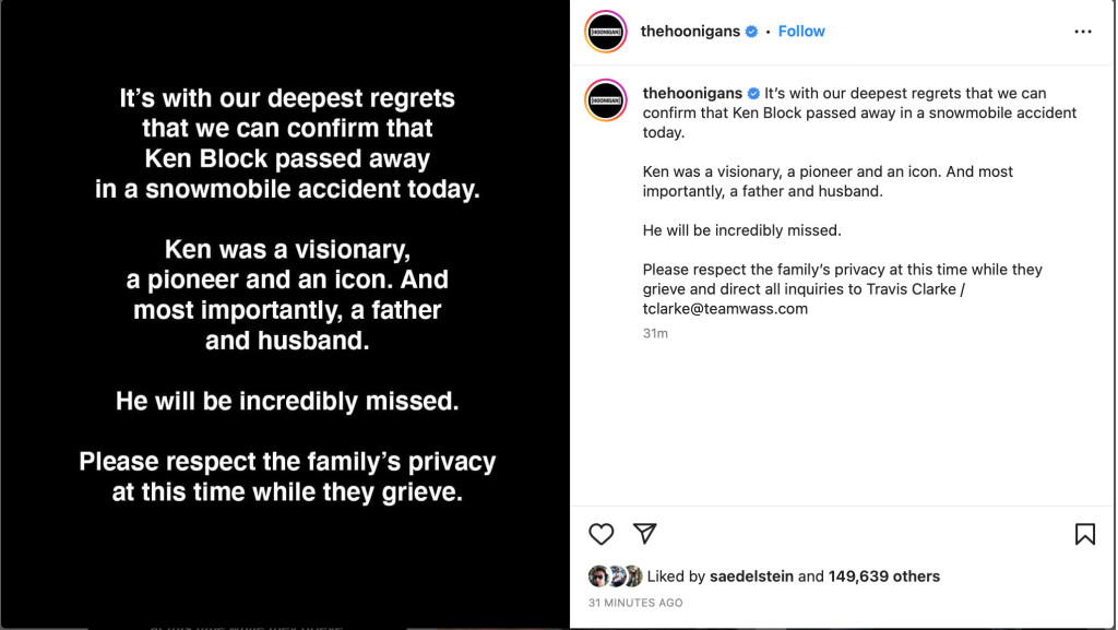Hoonigan confirmă moartea lui Ken Block pe Instagram