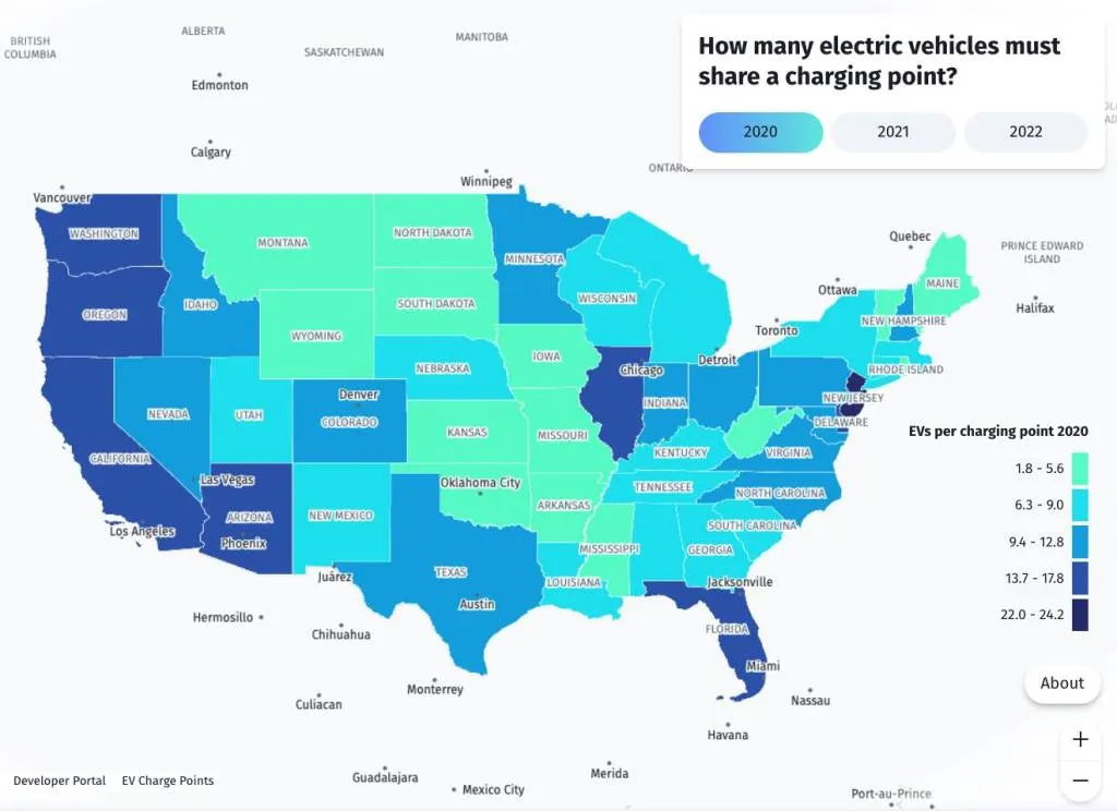 Încărcătoare de vehicule electrice per vehicul electric înregistrat, pe state americane, 2020