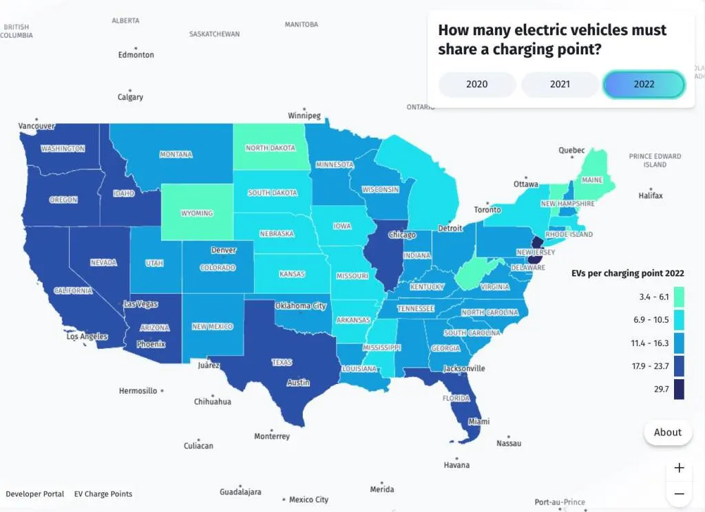 Încărcătoare de vehicule electrice per vehicul electric înregistrat, pe state americane, 2022