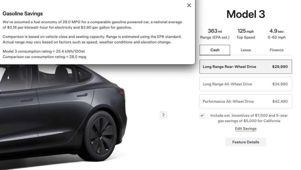 Site-ul Tesla promovează economiile față de vehiculele pe benzină - Feb. 2025