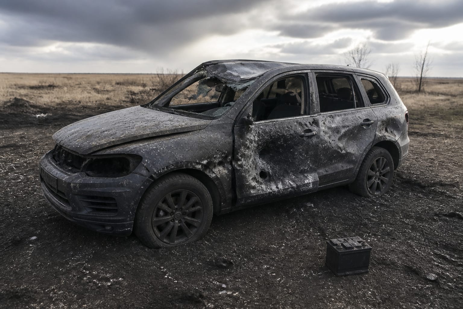 Un Volkswagen Touareg avariat de explozia unei rachete a pornit din cauza bateriei de 12V montate sub scaun