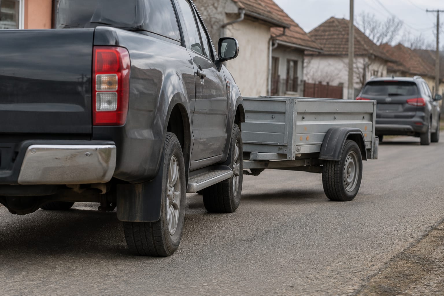 Pickup cu remorcă pe stradă