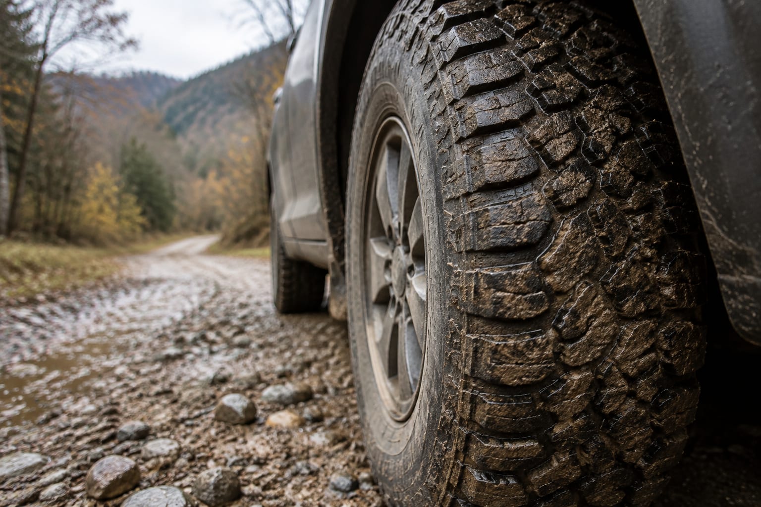 Anvelopă murdară de SUV pe drum forestier